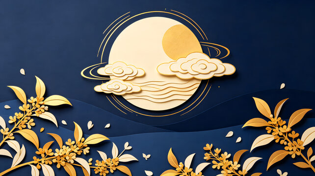 Mid Autumn Moon Cloud Embossed Paper Illustration