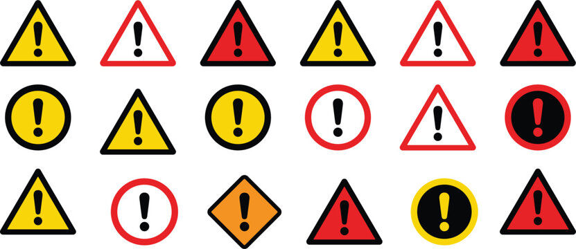 Warning and alert sign icon set, danger exclamation mark symbols, road hazard, construction caution safety, and error notice vector icons