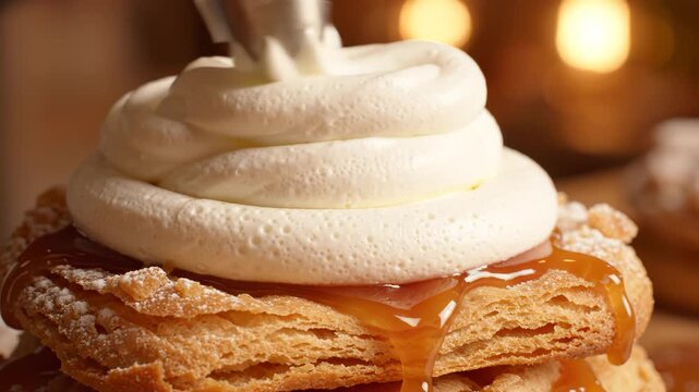 Piping whipped cream onto caramel-drizzled puff pastry dessert in close-up