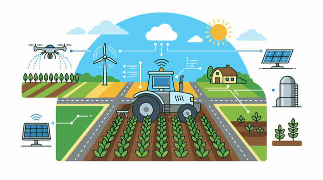 Automated farm with drone tractor solar power and windmill