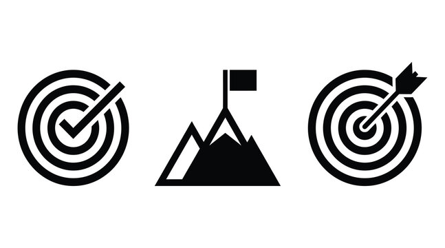 Success achievement and target goal achievement symbols as black vector icons with achievement mountain bullseye marketing