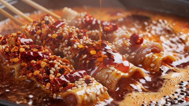 Pouring chili oil over spicy Sichuan-style meat rolls in hot pot broth, garnished with sesame seeds and dried chilies