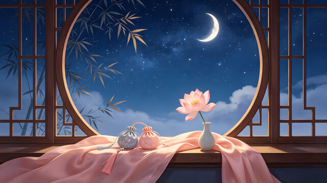 Qixi Round Window Sachet Oriental Illustration