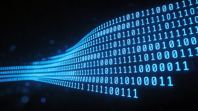 Binary code stream in blue light