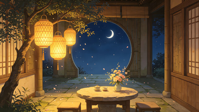 Qixi Bamboo Lantern Courtyard Gathering Illustration