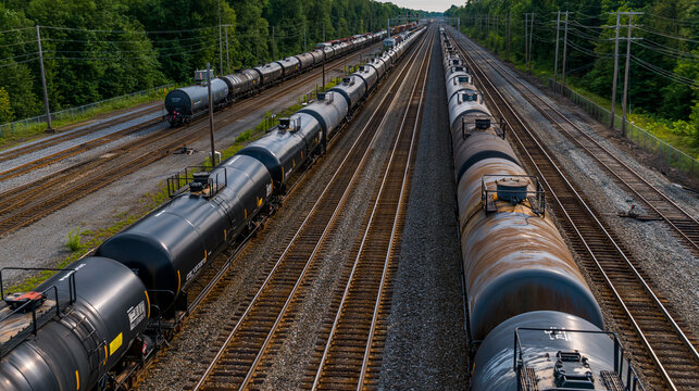 Long Freight Train on Tracks: A long freight train composed of tank cars is seen from a high angle, parked on parallel tracks lined by green trees on both sides.