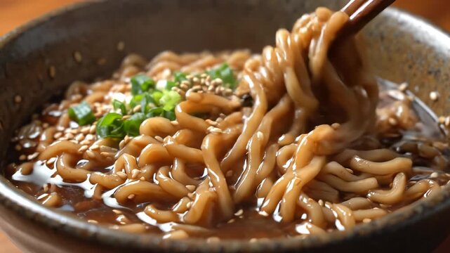 Close-up of chopsticks lifting steaming udon noodles from a ceramic bowl topped with green onions and sesame seeds