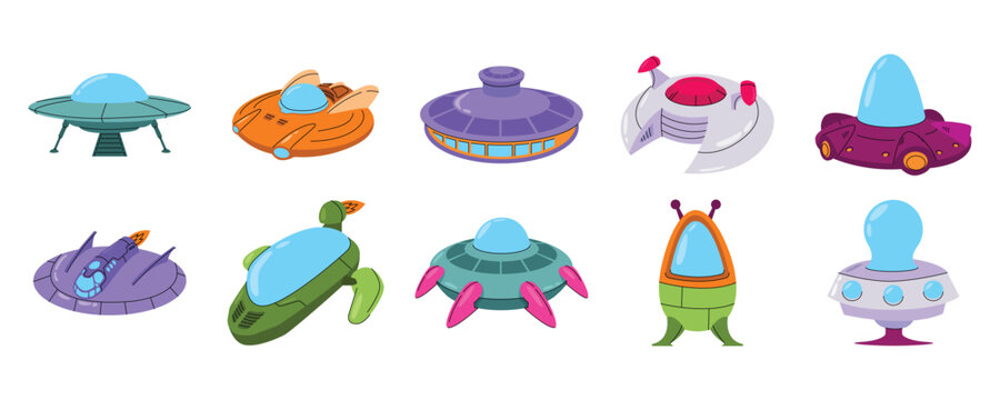 Cartoon vector illustration set of colorful alien spaceships and UFOs