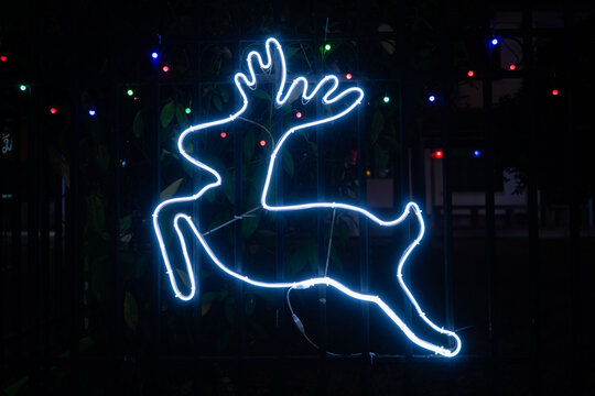 Glowing Christmas reindeer neon light decoration at night with festive holiday illumination