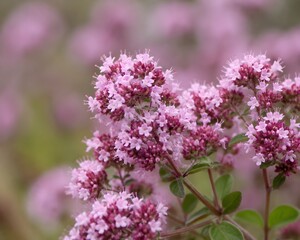 Obraz premium Beautiful Cluster Of Flowering Oregano With Tiny Pink Blossoms Captured In Macro Shallow Depth Shot
