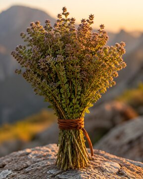 Bundle wild mountain oregano tied with leather cord straight on shot warm golden hour lighting