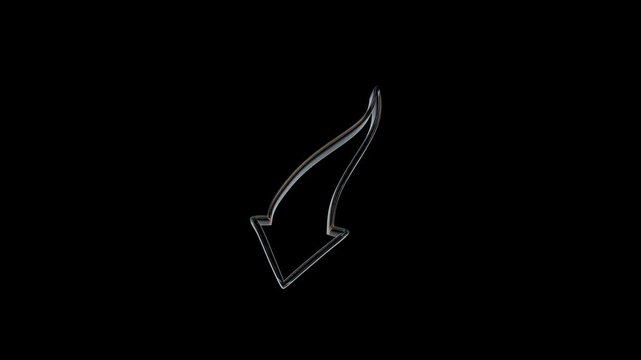 Shiny glass arrow pointing down isolated on black 3d icon