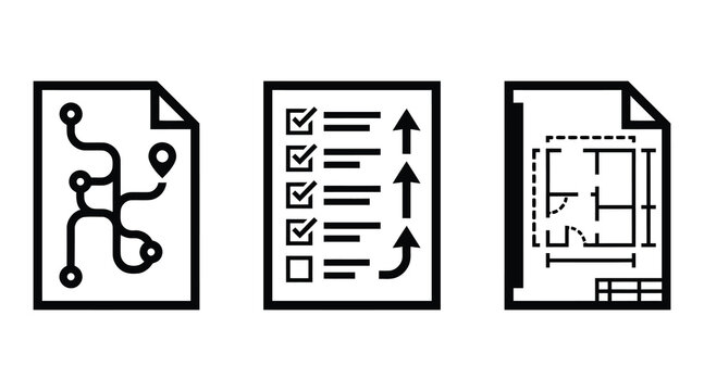 Project planning and architecture design icon set featuring network map task list and floor plan architecture planning checklist