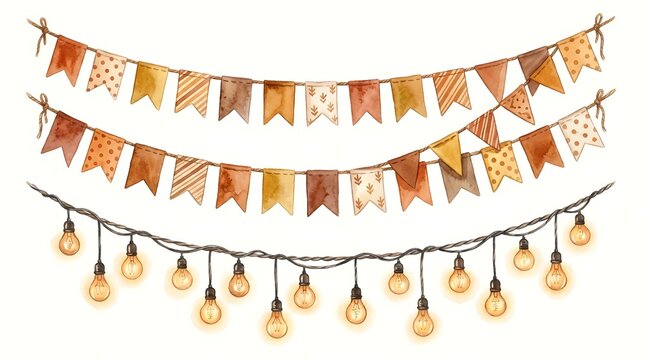 Watercolor illustration of autumn bunting flags and string lights isolated on white background