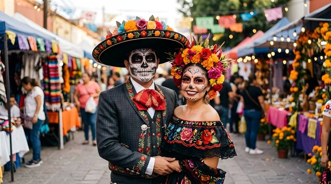Couple dressed in traditional day of the dead costumes at a vibrant mexican street market