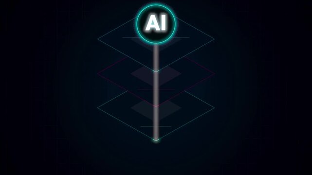 AI glowing circle with holographic 3D layered diamond geometry and data encryption structure for secure storage motion graphic loop animation.
