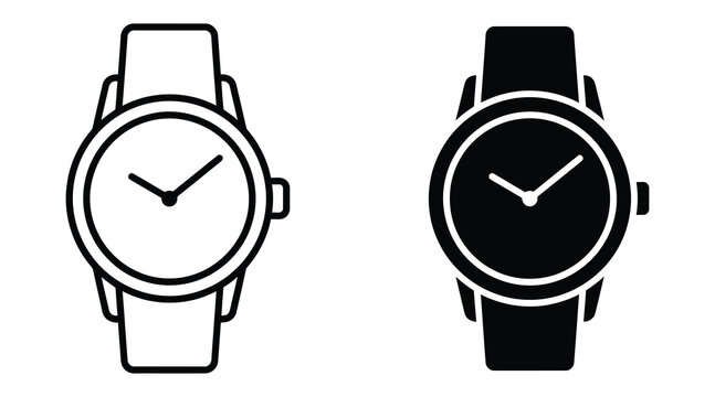 Classic wristwatch icons set featuring analog watch face in line and solid black styles wristwatch accessory timepiece wearable