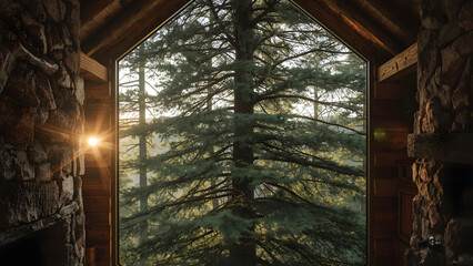 Fototapeta premium Cozy Cabin View: Sunlight Through Pine Forest Window in Rustic Lodge