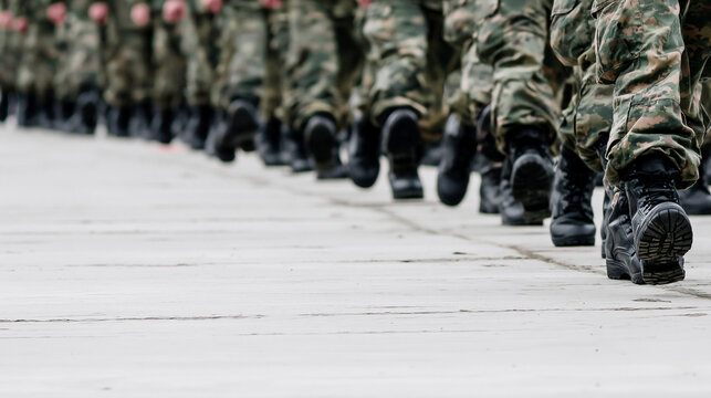 Marching in Formation: A line of soldiers in camouflage uniform marches in unison, their boots hitting the pavement in a display of discipline and order.