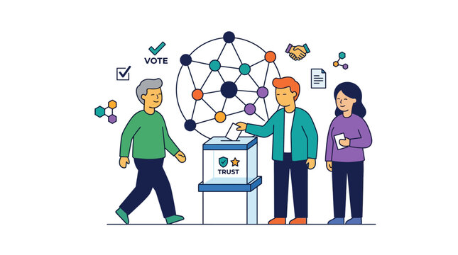 Diverse people voting at trust box with network nodes.