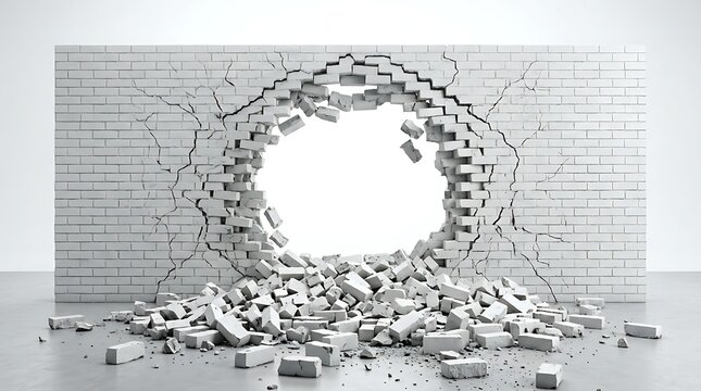 White brick wall with a circular hole and scattered debris