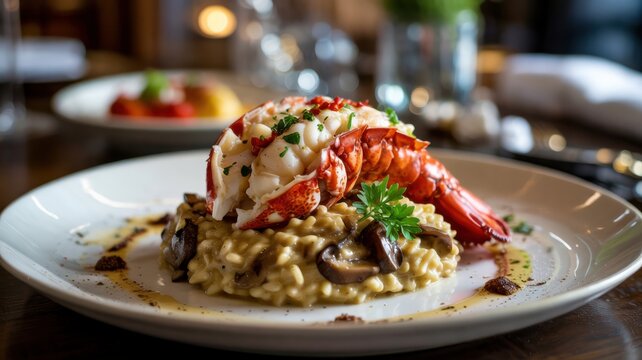 Italian cuisine. 
Risotto with mushrooms and lobster tail (Risotto ai funghi con coda di astice).