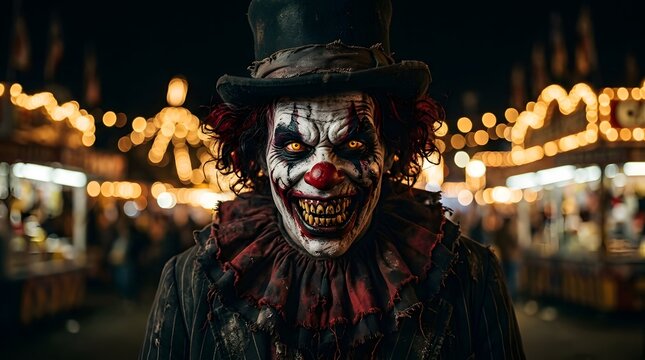 Terrifying evil clown with glowing eyes and sharp teeth at a night carnival