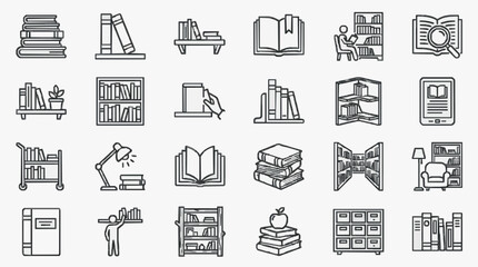 Fototapeta premium Professional Black and White Line Icons Set Featuring Books Libraries Reading and Study Themed Illustrations for Educational Projects