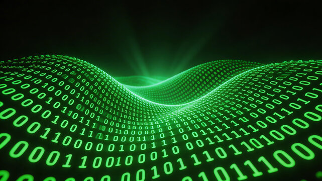 Binary code wave on dark background