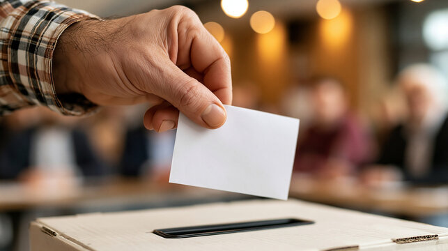 Casting a Ballot: A hand carefully inserts a blank vote into a ballot box, symbolizing the act of democratic participation and civic duty in an election.