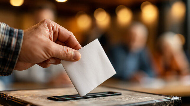Casting a Vote: A close-up shot captures a hand casting a ballot into a ballot box, symbolizing democratic participation and civic duty.