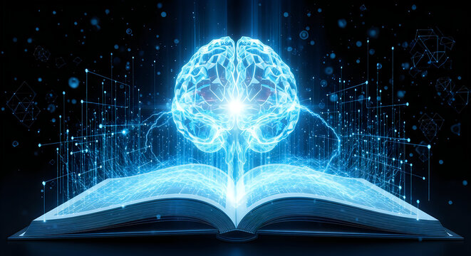 Mental health day illuminated brain emerging from open book conceptual art