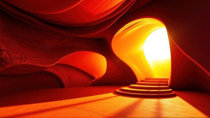 Fototapeta premium Dramatic interior space. Curving walls lead toward bright light, steps ascend. Warm tones dominate composition, creating surreal effect.