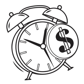 Time is Money Alarm Clock: A stylized illustration of an alarm clock with a coin featuring a dollar sign, symbolizing the concept that time is valuable and equivalent to money.