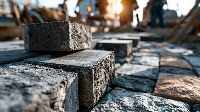 Construction Site Progress: Close-up view of interlocking pavers being laid on a construction site, with workers blurred in the background, bathed in the golden light of dawn.