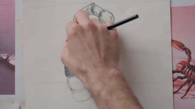 Artist sketching detailed scorpion tail using pencil and shading, close-up motion.