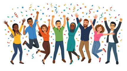 Obraz premium Diverse Group of Happy People Jumping and Celebrating with Confetti in Flat Style