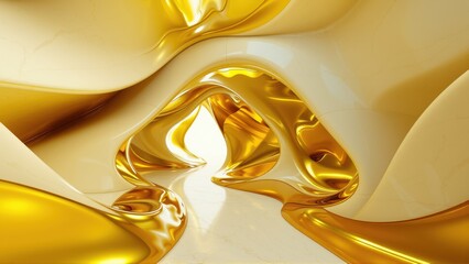 Fototapeta premium Golden fluid shapes intertwine, creating abstract tunnel. Light reflects off glossy surfaces, contrasting dark background. Smooth curves define organic form.