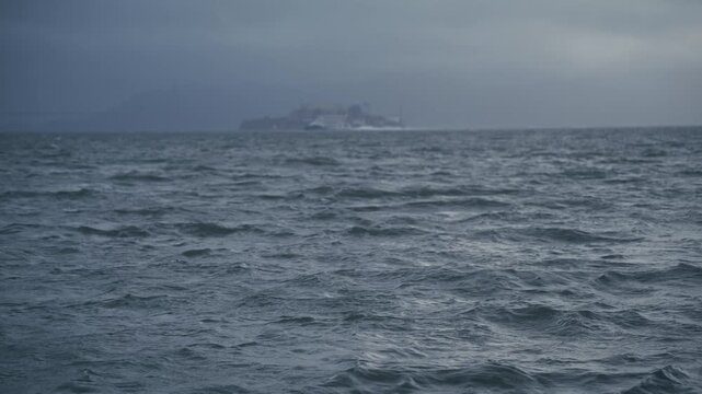 Alcatraz Island from Bay Choppy Waves Mist, Medium Shot Overcast - Wide Shot