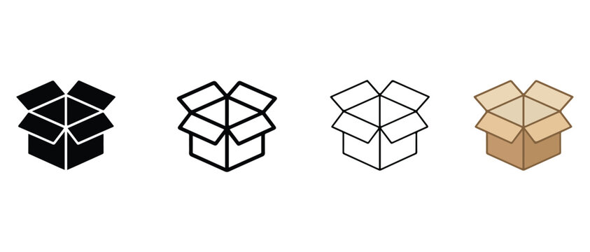 open cardboard boxes in black line art brown and white on white background  packaging and shipping icons
