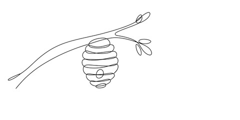 Simple line drawing of a beehive hanging on a tree branch © Graphics Art