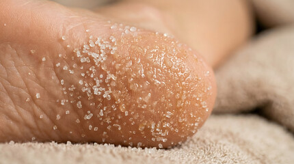 Fototapeta premium Closeup view of a foot with coarse salt crystals for a relaxing spa treatment highlighting beauty and wellness products perfect for creative projects related to selfcare and relaxation
