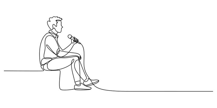 Young man sitting and talking into a microphone continuous line drawing