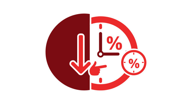 Discount percentage symbol with clock and down arrow icon.