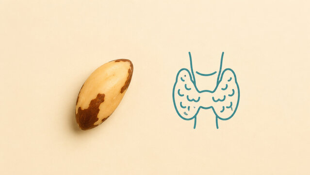Brazil nut thyroid gland icon beige background teal outline flat lay health concept with single seed beside endocrine symbol on warm cream pastel surface minimal clean top view