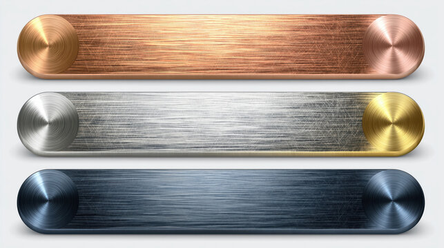 Shiny brushed metal plate banners with circular ends in copper, silver, gold, and blue colors on white background, sleek and modern design