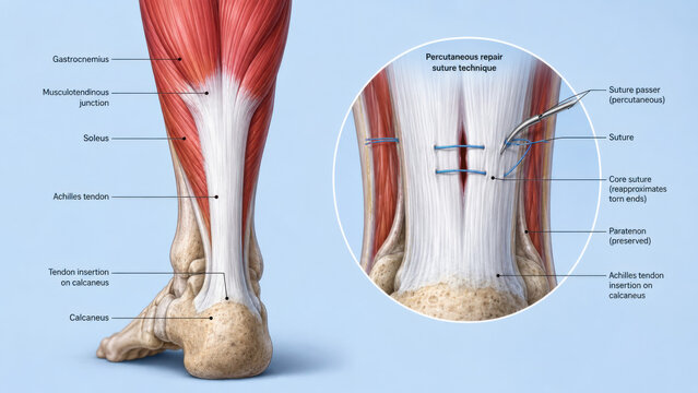 Achilles tendon calcaneus gastrocnemius soleus anatomy diagram medical illustration showing heel insertion muscle junction labeled repair suture inset bone detail