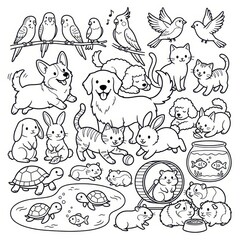 Obraz premium Cute cartoon pets animals collection outline drawing