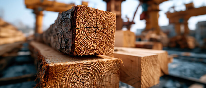 Wooden timber lumber stack with visible tree rings and rough bark texture in outdoor industrial setting, warm natural light