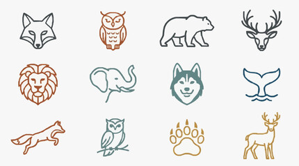 Corporate Minimalist Animal Icons Set Colorful Line Art Illustrations of Fox Owl Bear Deer Lion Elephant Husky Whale Tail Paw Print © Sahl